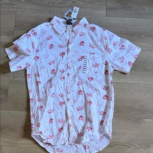 Disney White Short-Sleeve Button-Down Shirt with Red Print